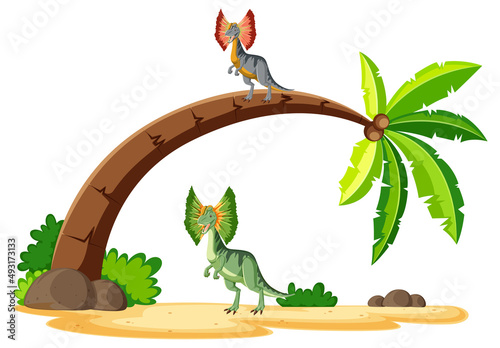Scene with dinosaurs dilophosaurus on island