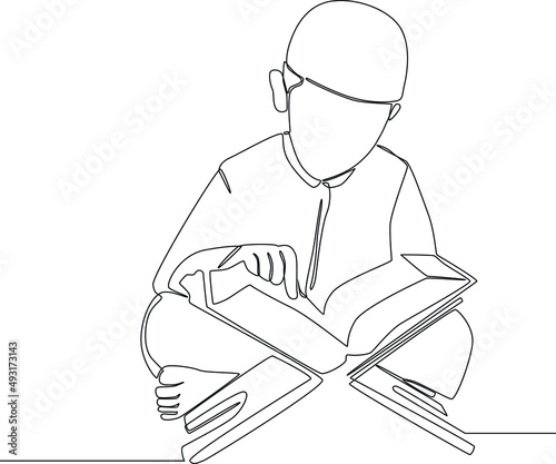 Continuous line drawing of Young muslim reading Al Quran during month of Ramadan. Vector illustration.