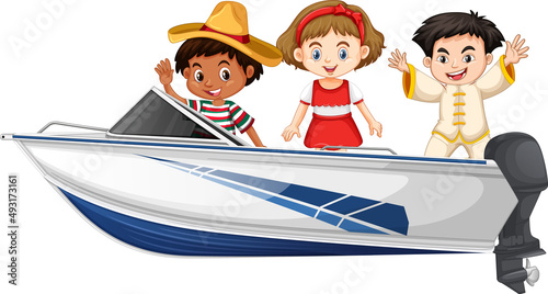 Boy and girl standing on a speed boat on a white background