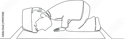 Continuous line drawing of young boy prayer for god in the mosque and knees praying. Vector illustration.