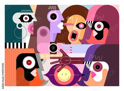 Six adults people and one big eye. Modern geometric art digital painting of Group of people vector illustration.