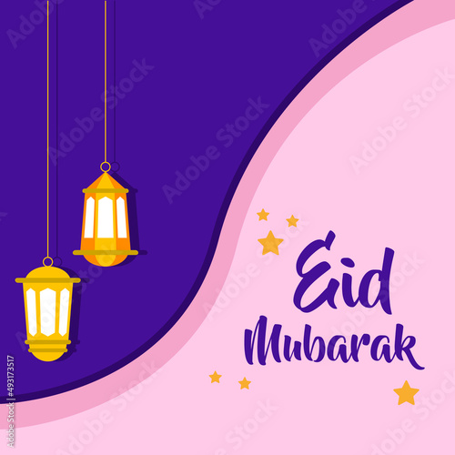 Happy eid mubarak. greeting card design with modern lantern design, invitation for Muslim community. Colored flat vector illustration.
