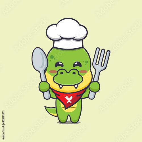cute dino chef mascot cartoon character holding spoon and fork 