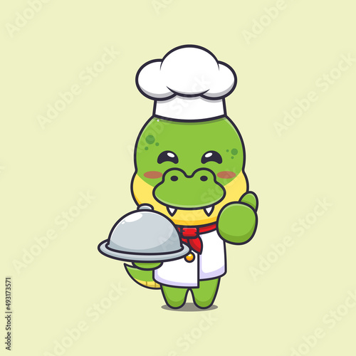 cute dino chef mascot cartoon character with dish