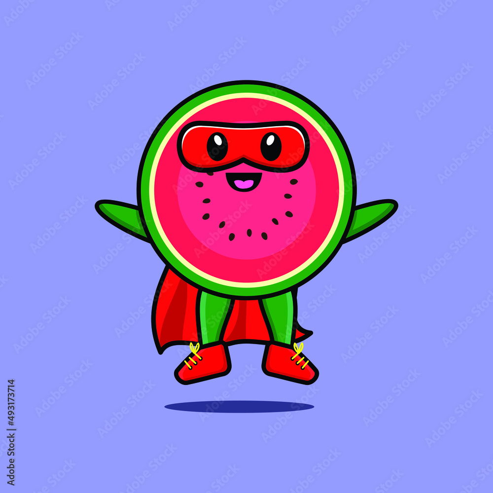 Fototapeta premium Cute watermelon superhero character flaying illustration cartoon vector in concept 3d modern style design