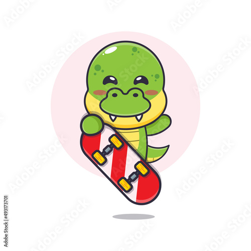 cute dino mascot cartoon character with skateboard