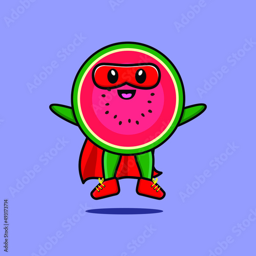 Cute watermelon superhero character flaying illustration cartoon vector in concept 3d modern style design