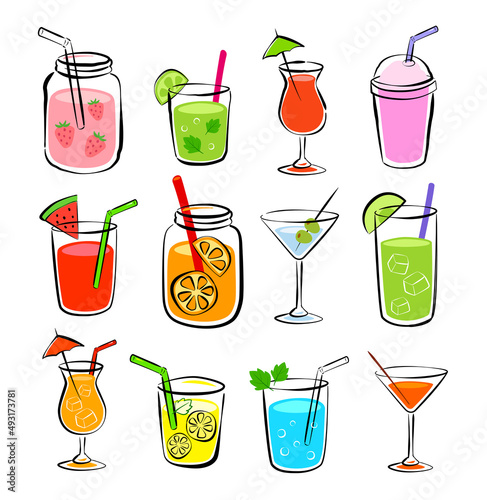 Tropical drinks summer set menu. Cold drinks with hand drawn illustration. Fruit smoothie, cocktails, alcoholic drinks.