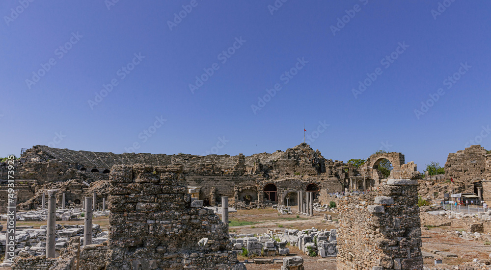 Panoramic view of the ruins of Ticaret Agora in Side, Turkey