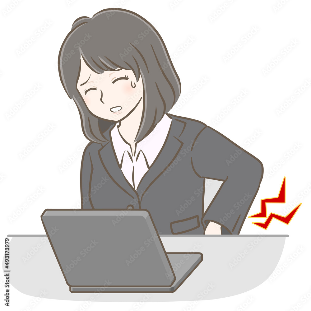 パソコン作業で腰が痛いスーツの若い女性 パソコン作業で腰が痛いスーツの若い女性