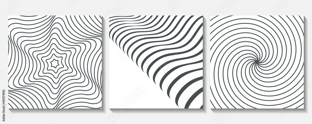 Set of black and white poster with geometric shapes. Abstract background with liquid wavy lines art. Op art design.
