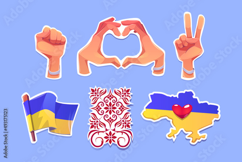 Freedom for Ukraine stickers, stop war opposition symbols. National flag, hand gestures heart, raised fist and victory, map with heart and traditional embroidery isolated badges, Cartoon vector set