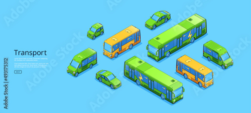 Transport isometric web banner, different transportation modes. Car, van, electric or common bus. Automobile dealership, vehicles sale or exhibition, rental agency business, 3d vector line art concept