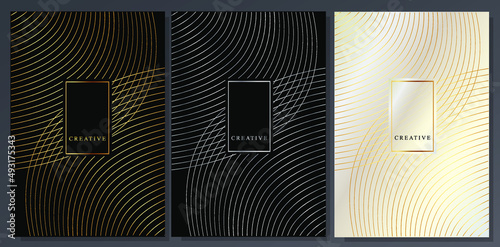 Luxury golden, silver, platinum brochure set. Metallic curved lines on black background. Modello geometric abstract elegante. Set of covers design.
