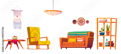 Living room furniture in boho style. Vector cartoon set of vintage lounge interior, couch with pillows, armchair, wooden table, rack with plants and dreamcatcher isolated on white background