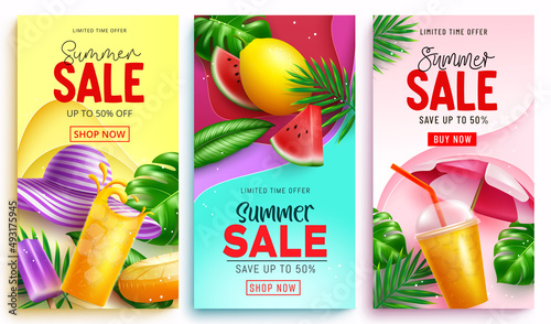 Summer sale vector poster set. Summer sale limited time offer text with discount price in abstract shape with tropical season elements for promotion advertisement design. Vector illustration.
