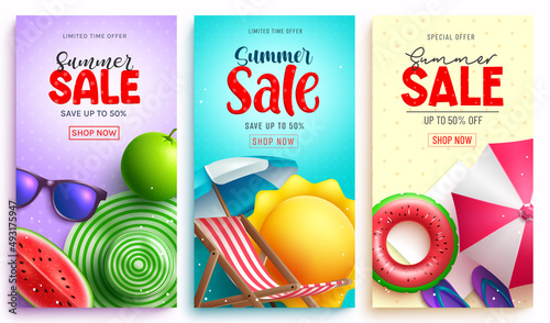 Summer sale vector poster set. Summer sale text with limited time offer discount in tropical season background for seasonal travel and shopping design. Vector illustration.
