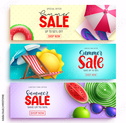 Summer sale vector banner set design. Summer sale text with limited time offer discount with tropical beach elements for seasonal promotion travel and shopping ads. Vector illustration.
