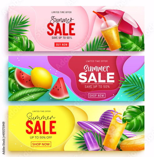 Summer sale vector banner set. Summer sale text with limited time offer discount in abstract shape for tropical season shopping and business ads design. Vector illustration.
