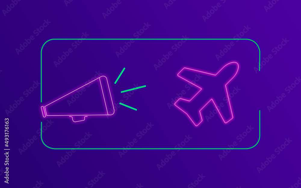 Airplane Symbol with Neon Colors on Purple Gradient Background Airplane Symbol with Neon Colors on Purple Gradient Background