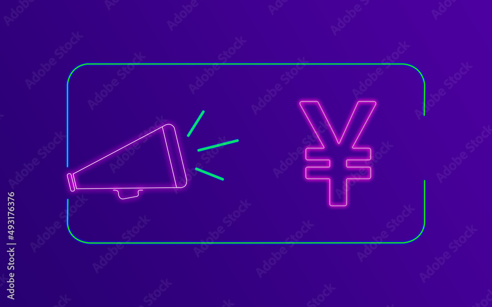 Yen or Yuan Symbol Currency Concept with Neon Colors on Purple Gradient Background Yen or Yuan Symbol Currency Concept with Neon Colors on Purple Gradient Background