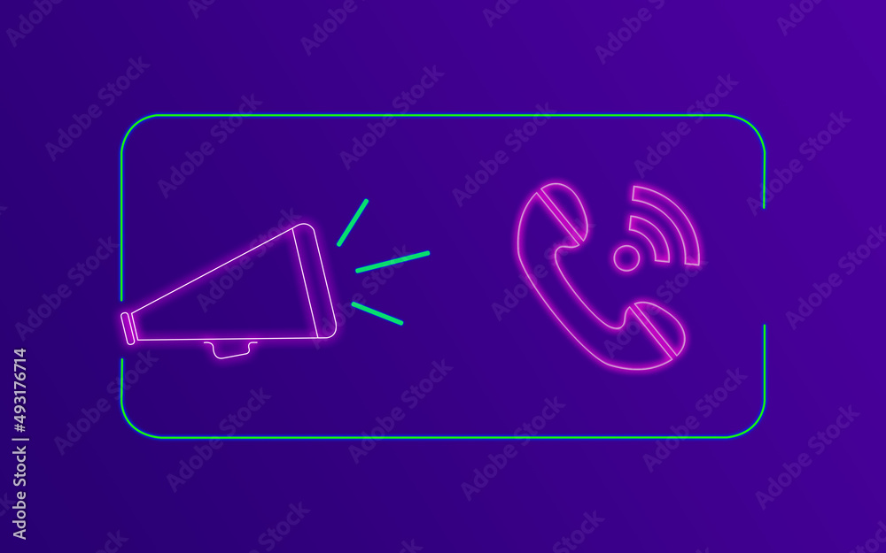 Telephone Calling Concept with Neon Colors on Purple Gradient Background Telephone Calling Concept with Neon Colors on Purple Gradient Background