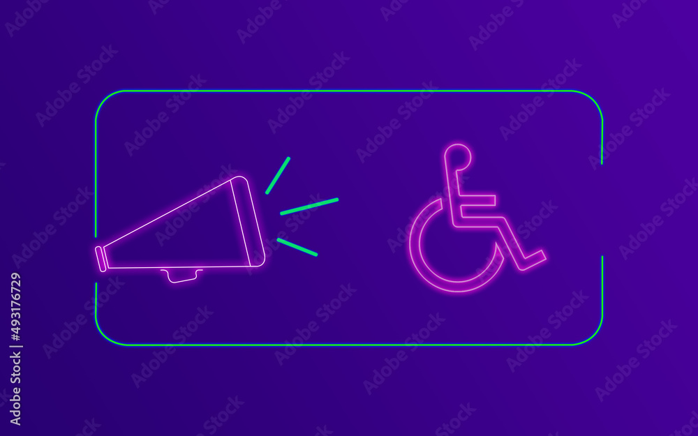 Wheelchair Handicap Concept with Neon Colors on Purple Gradient Background Wheelchair Handicap Concept with Neon Colors on Purple Gradient Background