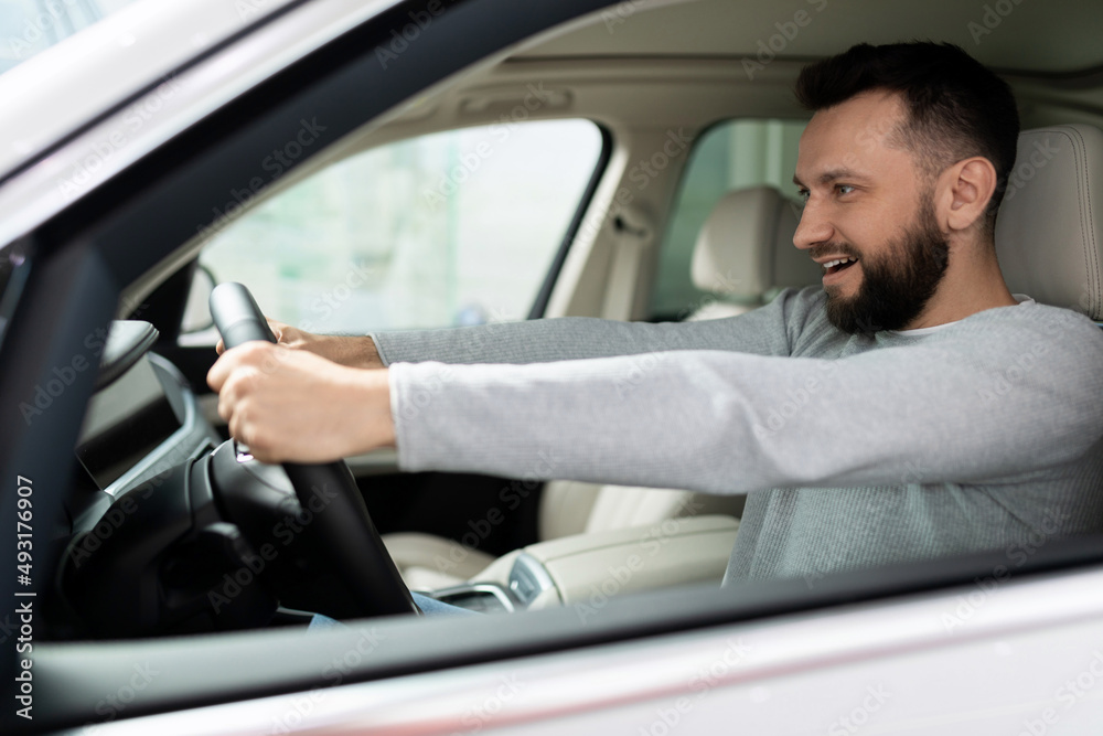 novice driver behind the wheel of a new car looks ahead with a smile novice driver behind the wheel of a new car looks ahead with a smile