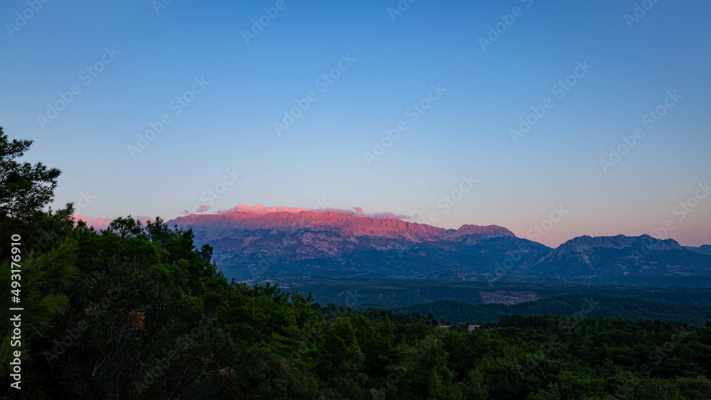 View of the mountain at sunset from the observation deck of Tazy canyon, Turkey