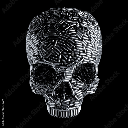 Bullet skull handgun metaphor - 3D illustration of pistol ammunition forming human cranium isolated on black