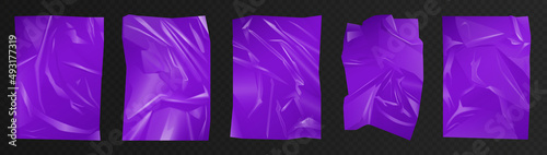 Purple violet crumpled polyethylene film set vector illustration. 3d realistic drapery of luxury plastic, paper or fabric silk with shiny surface, polyethylene mockup on transparent background