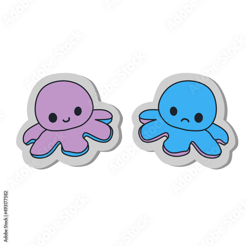 Sticker mood Octopus character, Mood sticker, happy and bad mood, funny character sticker. Cartoon octopus Vector