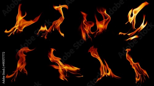 A collection of 8 flame images.Flame Flame Texture for whimsical fire backgrounds. Flame meat that has been burned from the stove or from cooking danger feeling abstract black background. photo