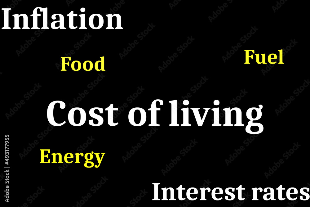 Cost of living, inflation and interest rates in white with fuel, food and energy in yellow on a black background. Cost of living concept
