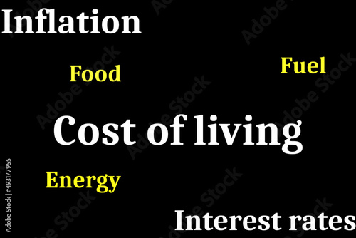Cost of living, inflation and interest rates in white with fuel, food and energy in yellow on a black background. Cost of living concept