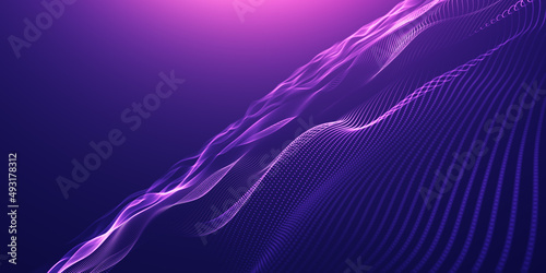 Abstract colorful digital particles wave with bokeh and light background, 3d render wave line dot background, line wave light glowing effect particular background.	
