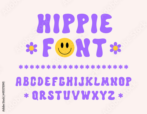Hippie hand drawn font in style retro 60s, 70s. Trendy psychedelic alphabet. Vector cartoon illustration