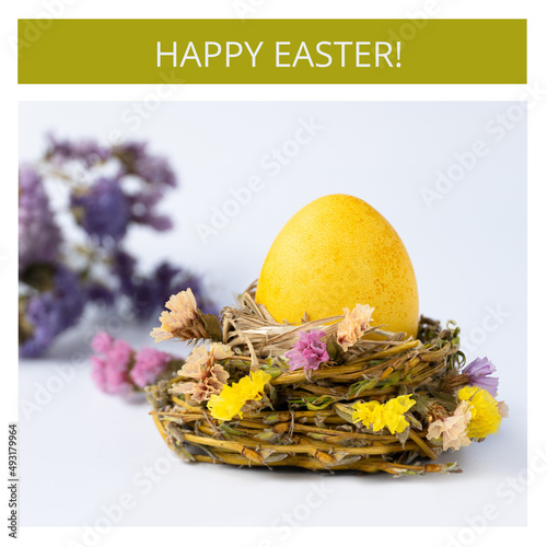 Easter sale banner with easter egg and nest with flowers.