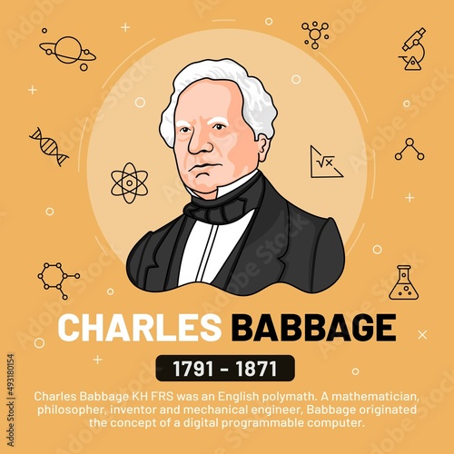 Vector illustration of famous personalities: Charles Babbage with bio