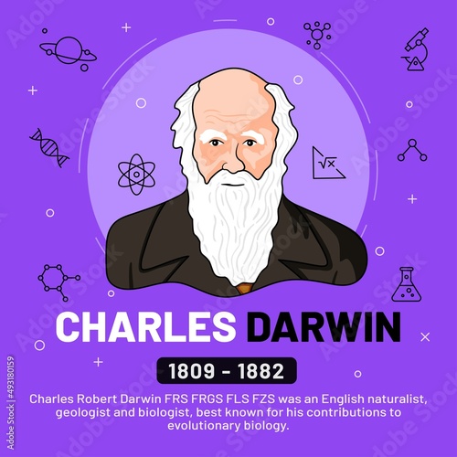 Print op canvas Vector illustration of famous personalities: Charles Darwin with bio