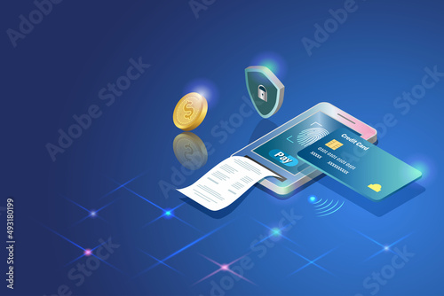 Credit card online payment with fingerprint security on smart phone. Biometric security in financial technology and global network connecting, cyber security concept.