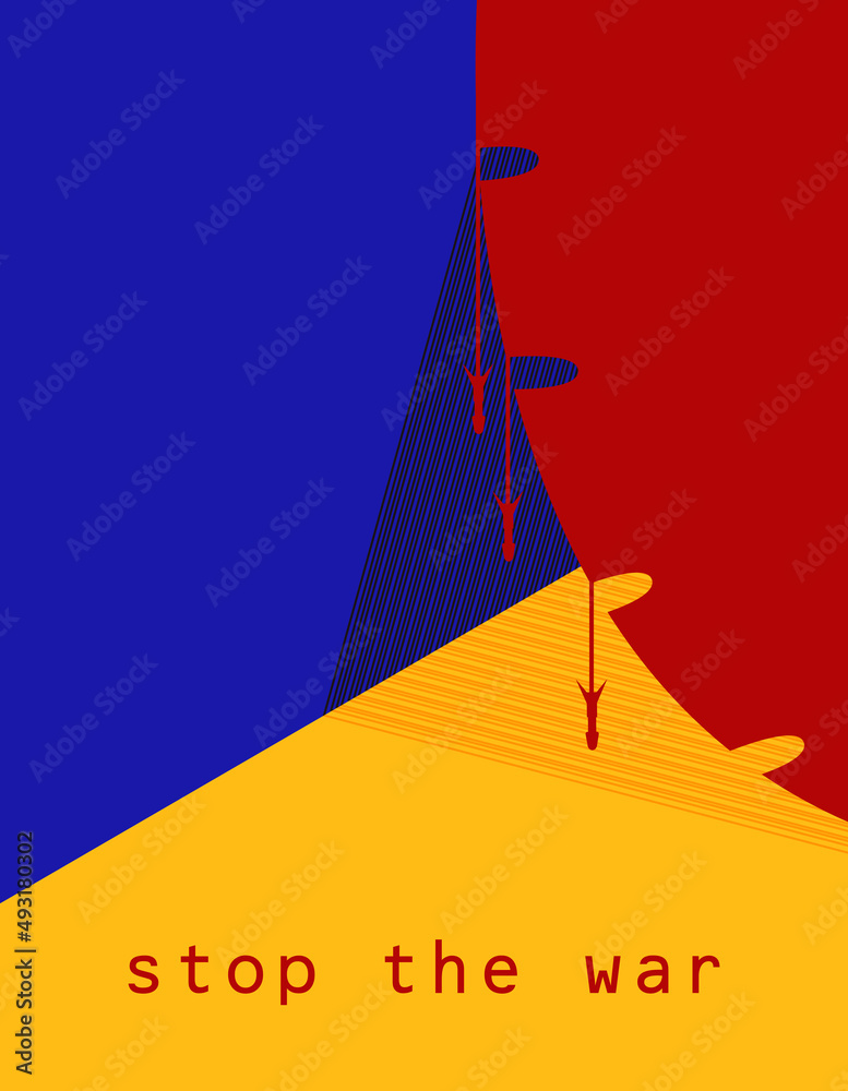 The color of the Ukrainian flag against the background of a red ribbon and missiles with bombers. Poster design calling to stop the war in Ukraine and pray for the salvation of lives The color of the Ukrainian flag against the background of a red ribbon and missiles with bombers. Poster design calling to stop the war in Ukraine and pray for the salvation of lives