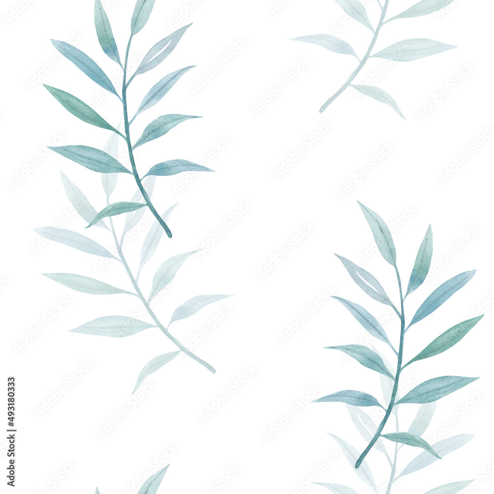 Fototapeta premium Watercolor patterns with palm leaves. Hand painted exotic greenery branch. For design, print or background.