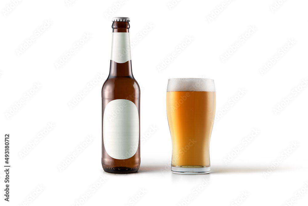 Bottle and glass of beer mockup isolated on white background. Cold malted beverage with large head. 3d rendering. Bottle and glass of beer mockup isolated on white background. Cold malted beverage with large head. 3d rendering.