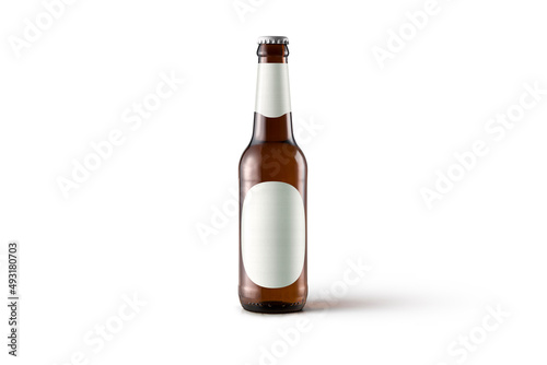 Bottle and glass of beer mockup isolated on white background. Cold malted beverage with large head. 3d rendering. photo