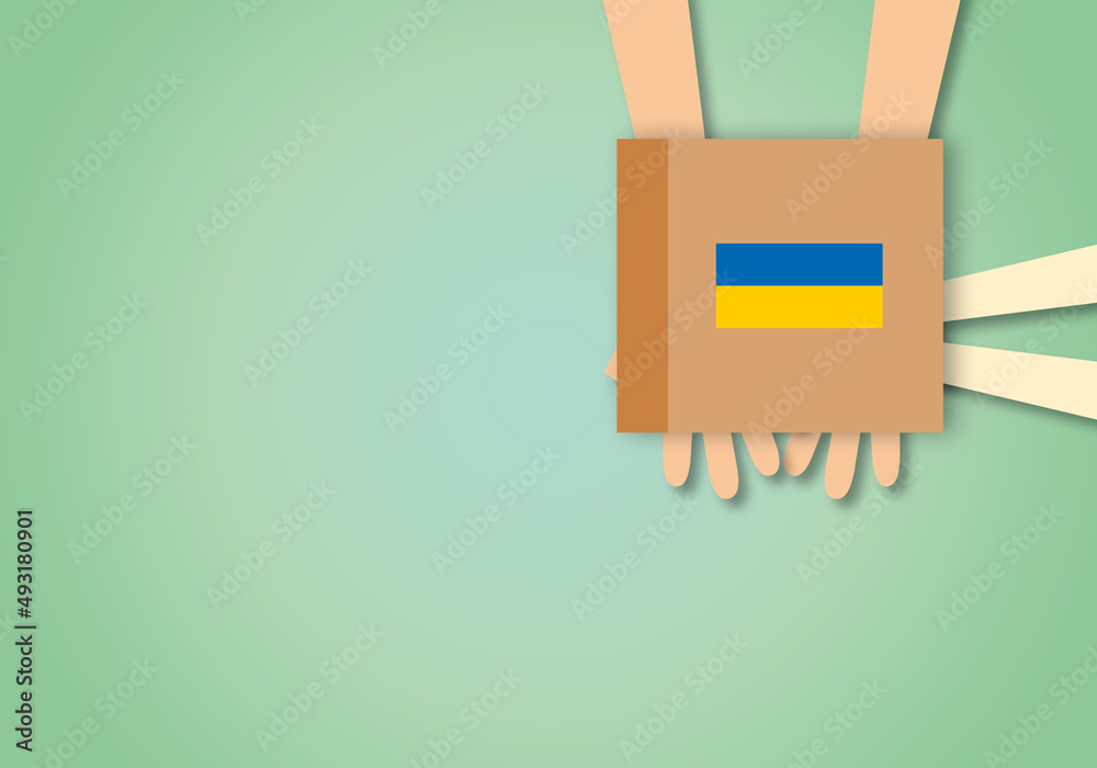 Hand of volunteers holding boxes for the needs of Ukrainian migrants, Humanitarian aid concept, space for the text, paper cut design style. Hand of volunteers holding boxes for the needs of Ukrainian migrants, Humanitarian aid concept, space for the text, paper cut design style.