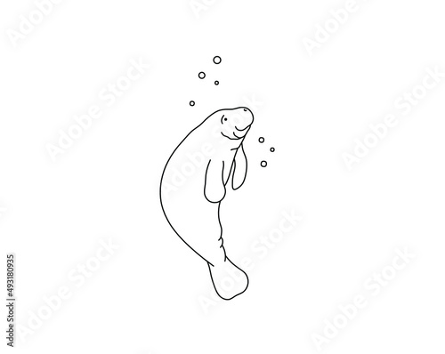 Foto Vector isolated cute cartoon manatee sea cow colorless black and white contour l