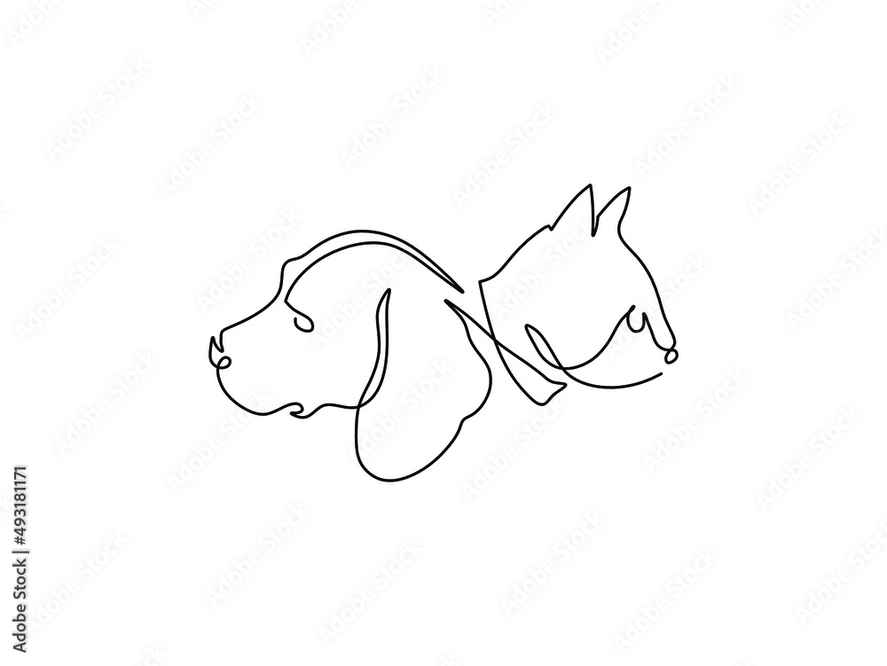 Vector isolated cat and dog head profile single line graphic drawing