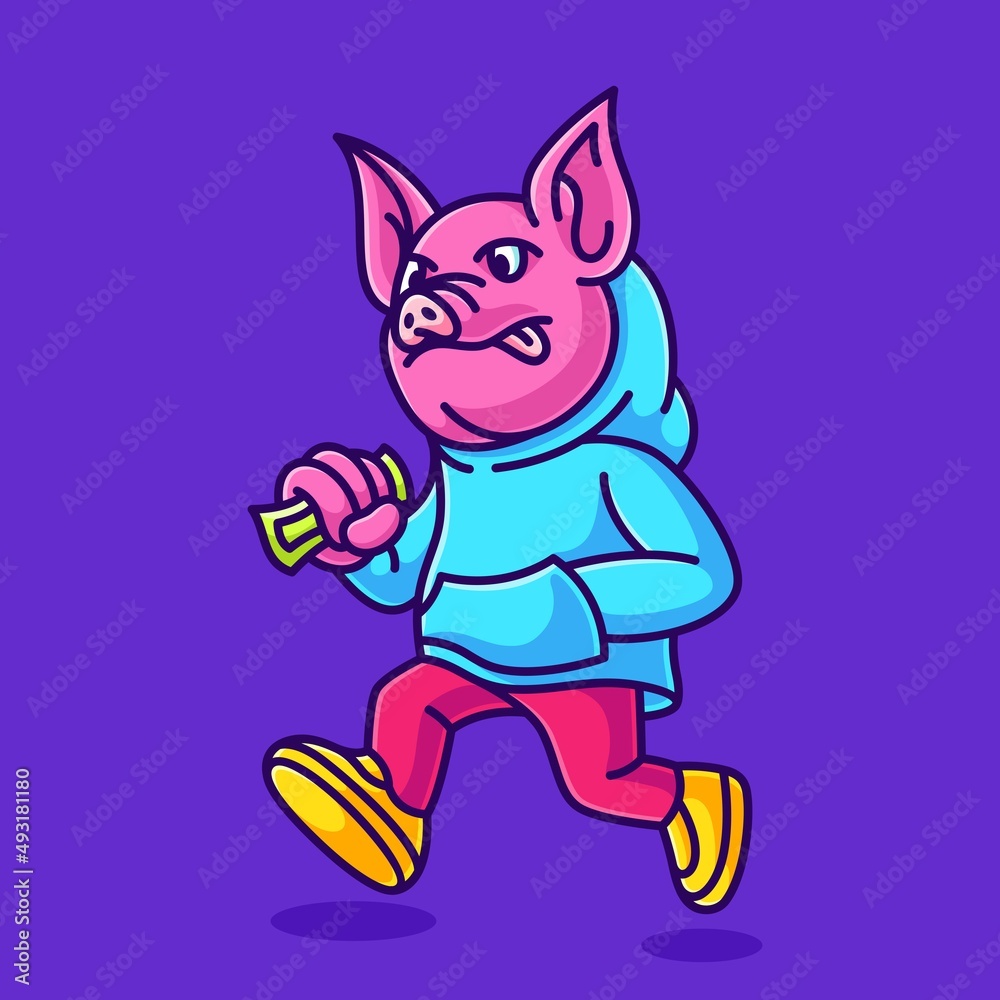 Cool pig walking carrying money vector illustration. cartoon pig wearing clothes
