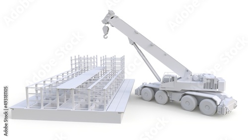 Crane builds a wooden house on a white background. 3d rendering.
